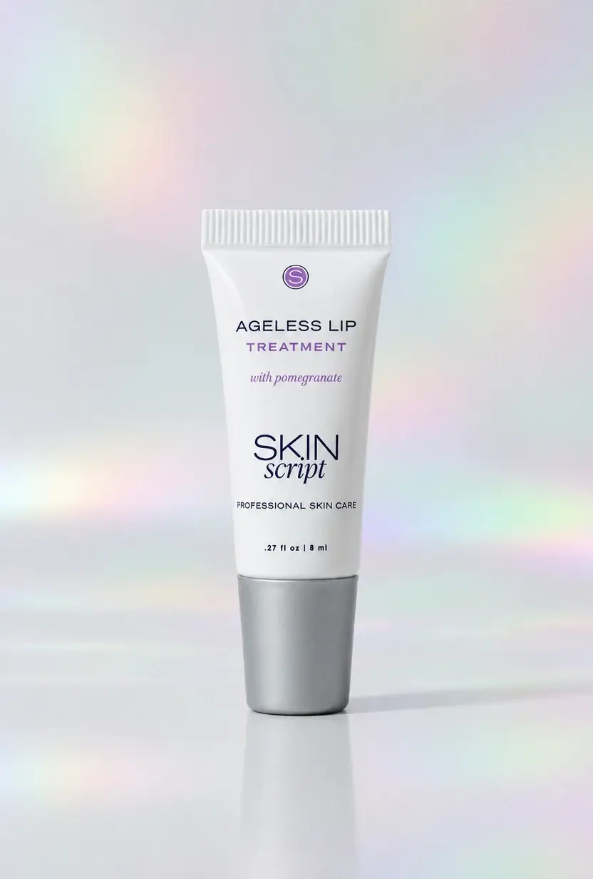 Skin Script Ageless Lip Treatment with Pomegranate tube on a pastel iridescent studio background