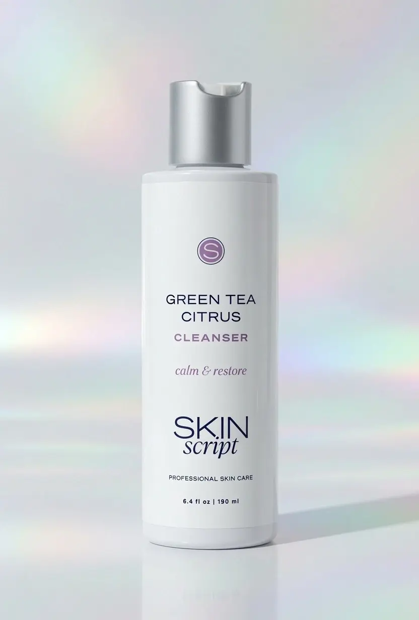 Skin Script Green Tea Citrus Cleanser bottle on a pastel iridescent studio background
