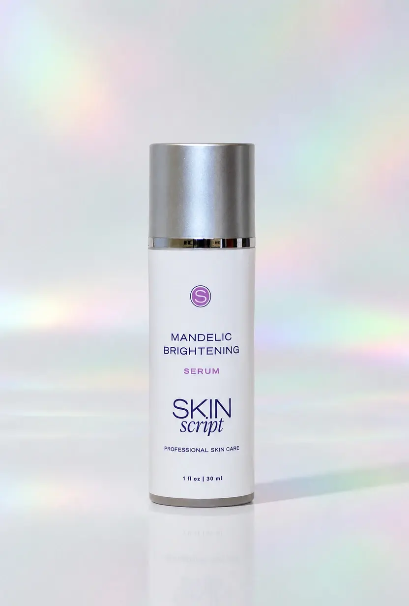 Skin Script Mandelic Brightening Serum bottle on a pastel iridescent studio background