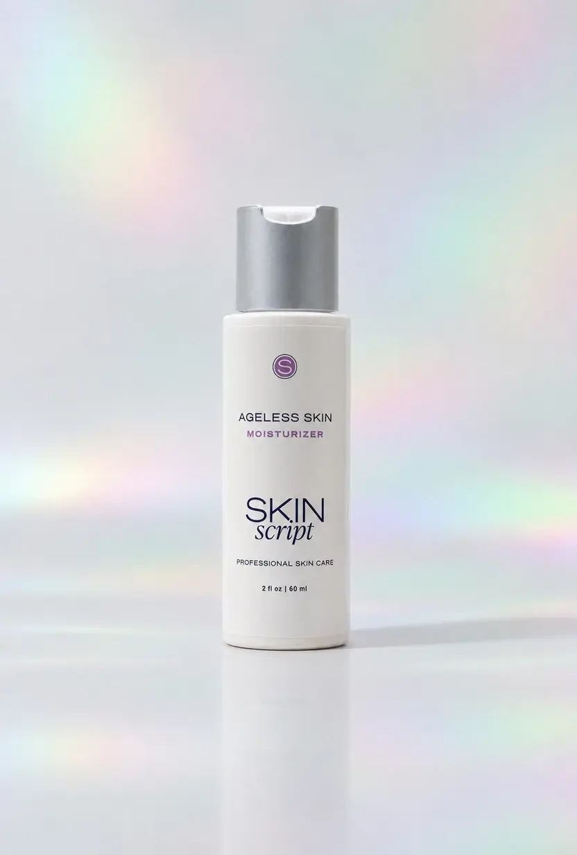 Skin Script Ageless Skin Moisturizer bottle on a pastel iridescent studio background