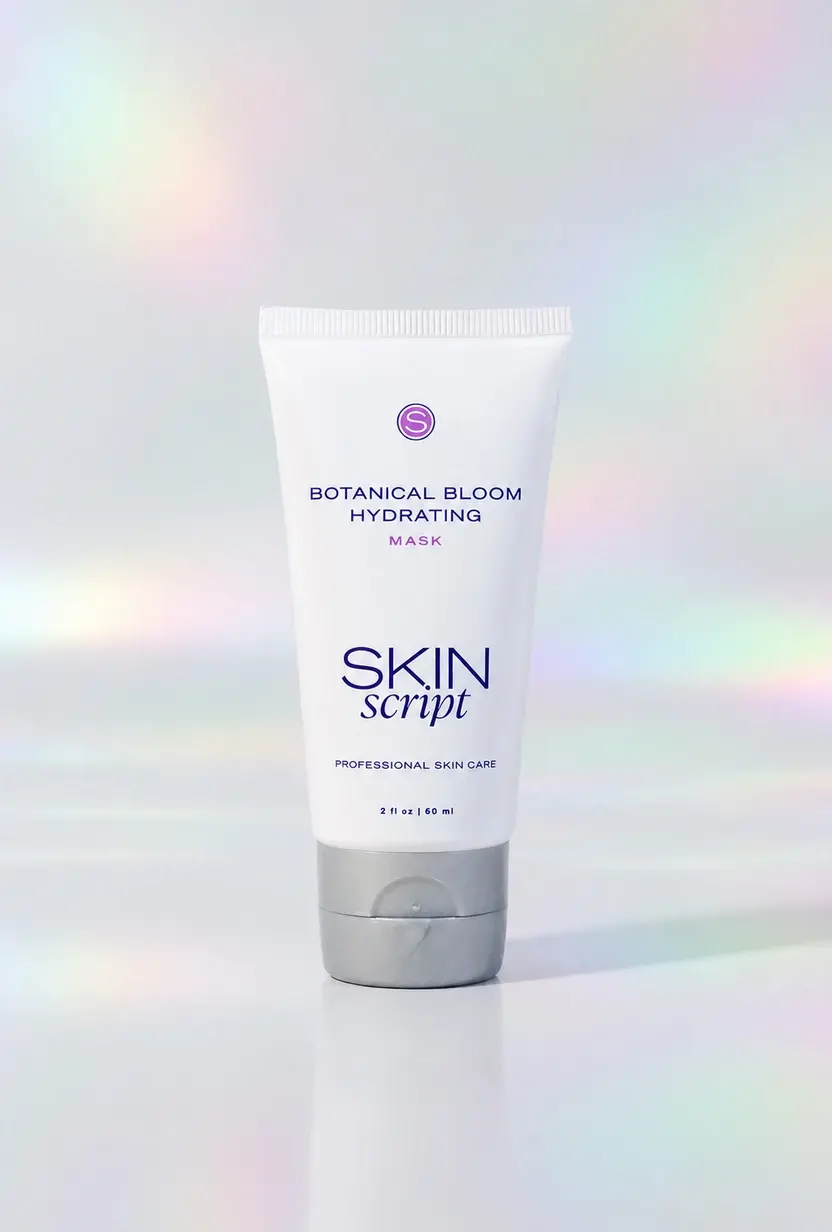 Skin Script Botanical Bloom Hydrating Mask tube on a pastel iridescent studio background