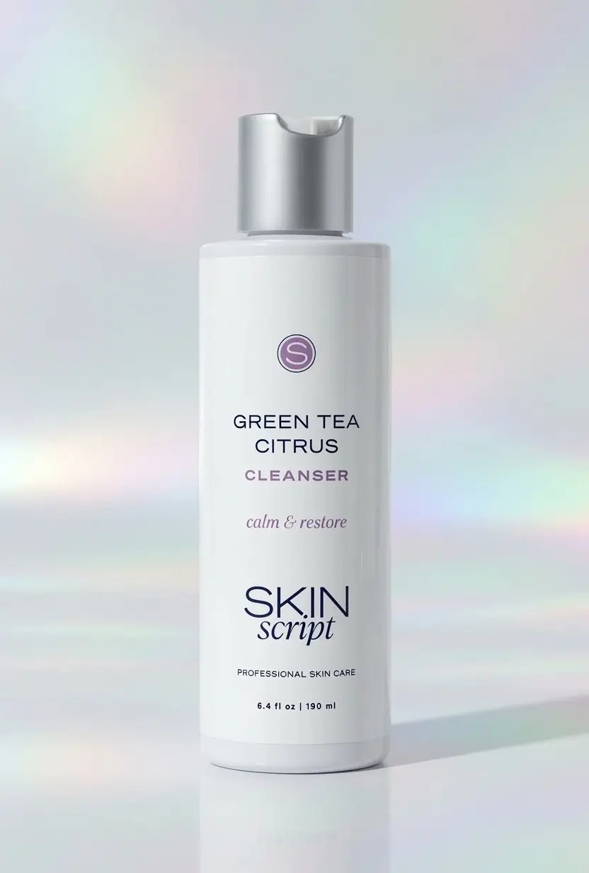 Skin Script Green Tea Citrus Cleanser bottle on a pastel iridescent studio background