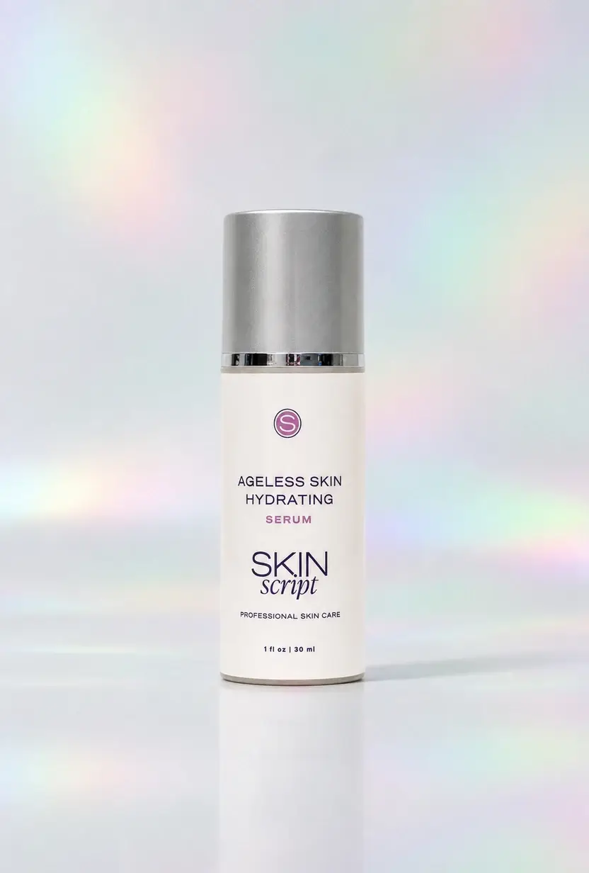 Skin Script Ageless Skin Hydrating Serum bottle on a pastel iridescent studio background