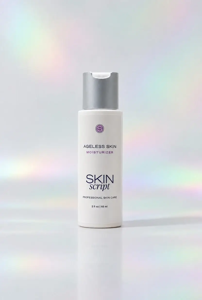 Skin Script Ageless Skin Moisturizer bottle on a pastel iridescent studio background