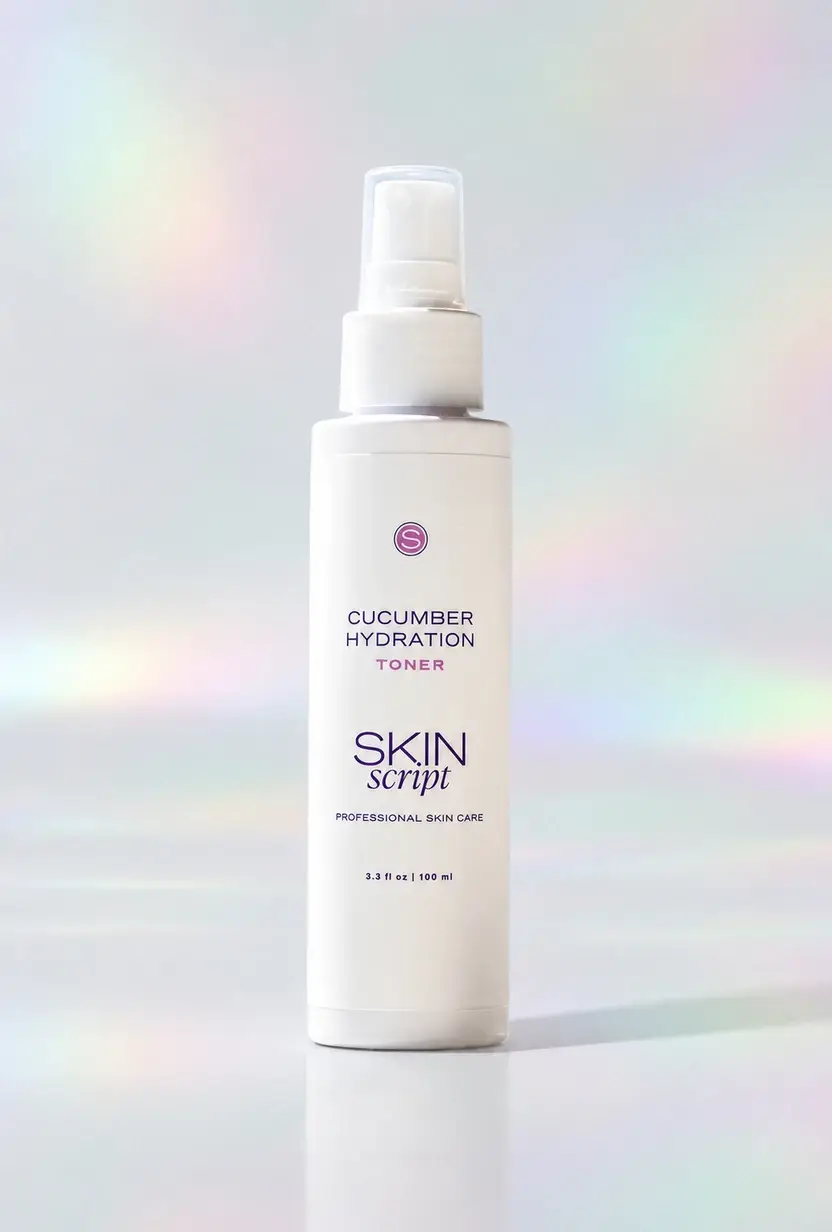 Skin Script Cucumber Hydration Toner spray bottle on a pastel iridescent studio background