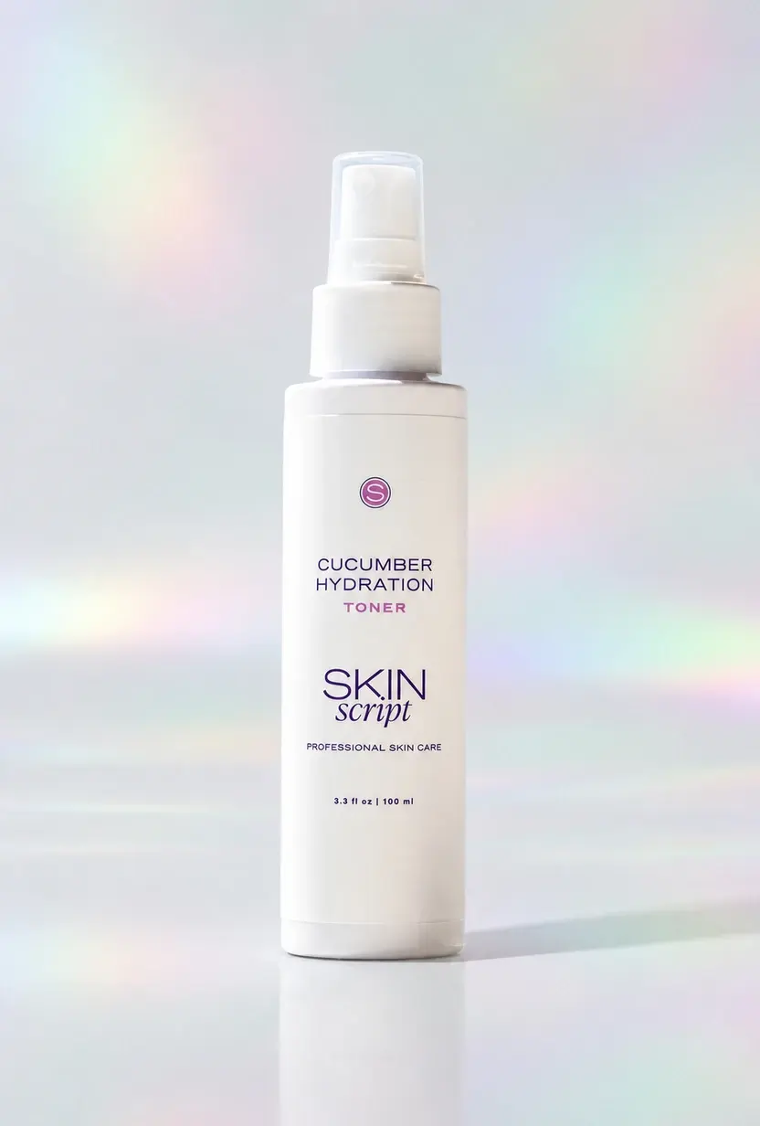 Skin Script Cucumber Hydration Toner spray bottle on a pastel iridescent studio background