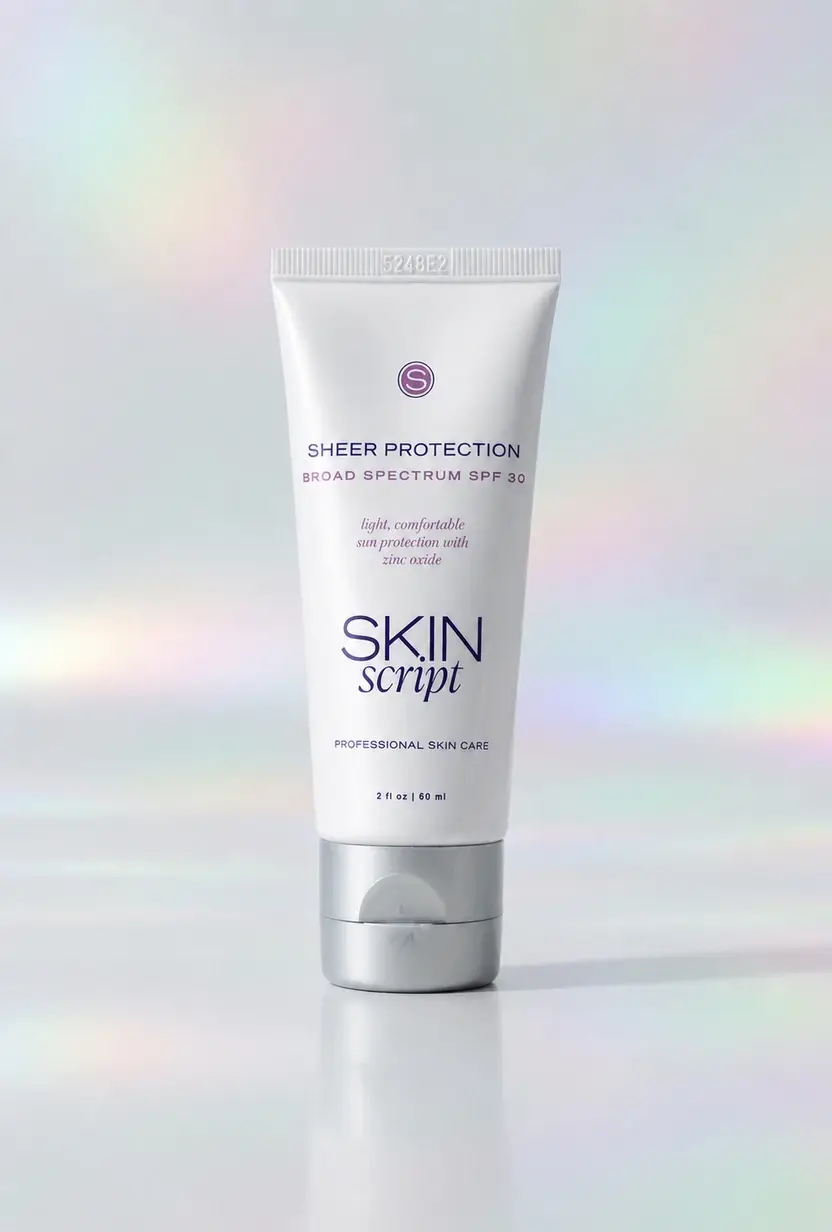 Skin Script Sheer Protection Broad Spectrum SPF 30 tube on a pastel iridescent studio background